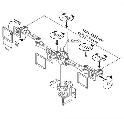 Neomounts FPMA-D930D dual LCD/LED/TFT bureausteun, 2x 10-30", 15 kg, 0-50 cm, 75x75, 100x