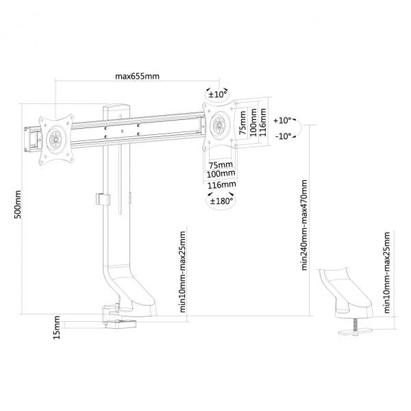 Neomounts FPMA-D860DBLACK Flatscreen bureausteun, 2x 10-27" 7 kg, 26 - 45 cm, 75x75/ 100x