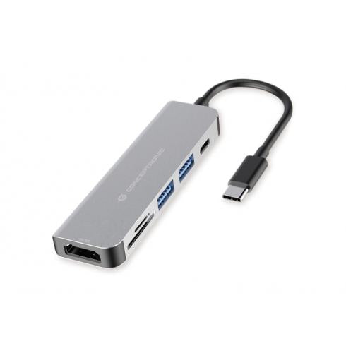 Conceptronic DONN02G 6-in-1 Multifunctional USB Hub adapte, USB 3.2 Gen 1 Type-C, HDMI, 5 Gbps, Alu