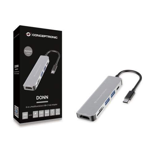 Conceptronic DONN02G 6-in-1 Multifunctional USB Hub adapte, USB 3.2 Gen 1 Type-C, HDMI, 5 Gbps, Alu