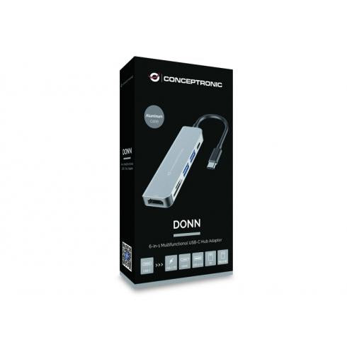 Conceptronic DONN02G 6-in-1 Multifunctional USB Hub adapte, USB 3.2 Gen 1 Type-C, HDMI, 5 Gbps, Alu