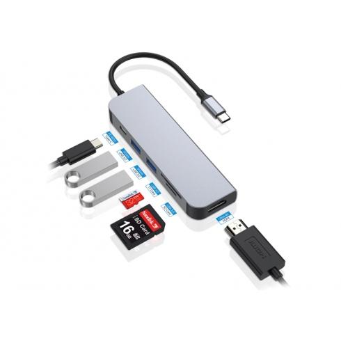 Conceptronic DONN02G 6-in-1 Multifunctional USB Hub adapte, USB 3.2 Gen 1 Type-C, HDMI, 5 Gbps, Alu