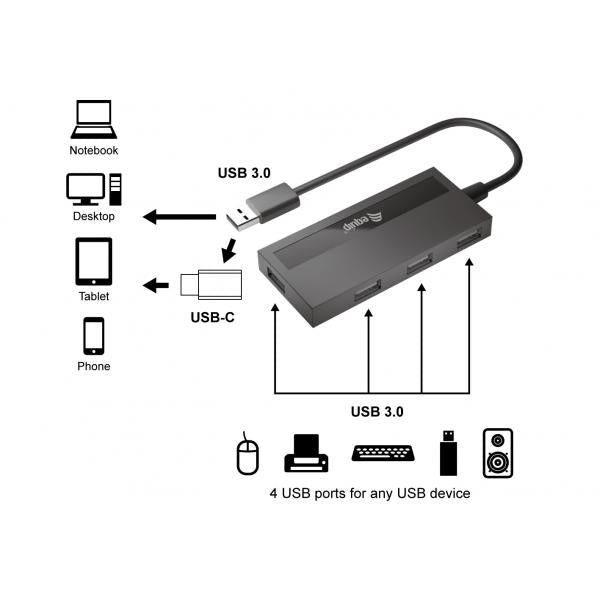 Equip 128956 4-Port USB 3.0 Hub with USB-C Adapter, USB 3.2 Gen 1 Type-A, 5000 Mbit/s, Black