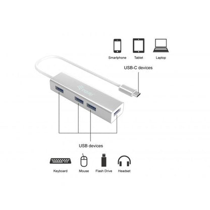 Equip 128958 USB-C to 4-port USB 3.0 Hubs, USB 3.2 Gen 1 Type-C, Type-A, 5000 Mbit/s, Silver