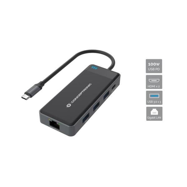 Conceptronic DONN14G 7-in-1 Docking Station, USB 3.2 Gen 1, Type-C, 100 W, 1000 Mbit/s, 5 Gbit/s