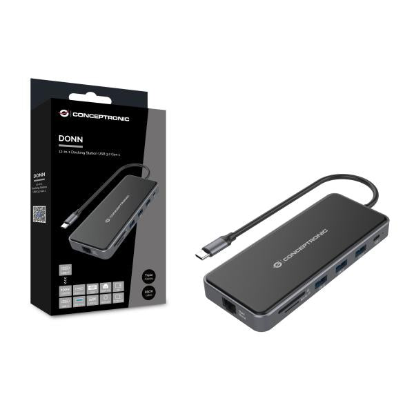 Conceptronic DONN15G 12-in-1 Docking Station, USB 3.2 Gen 1, Type-C, 100 W, HDMI, VGA, (Micro)SD